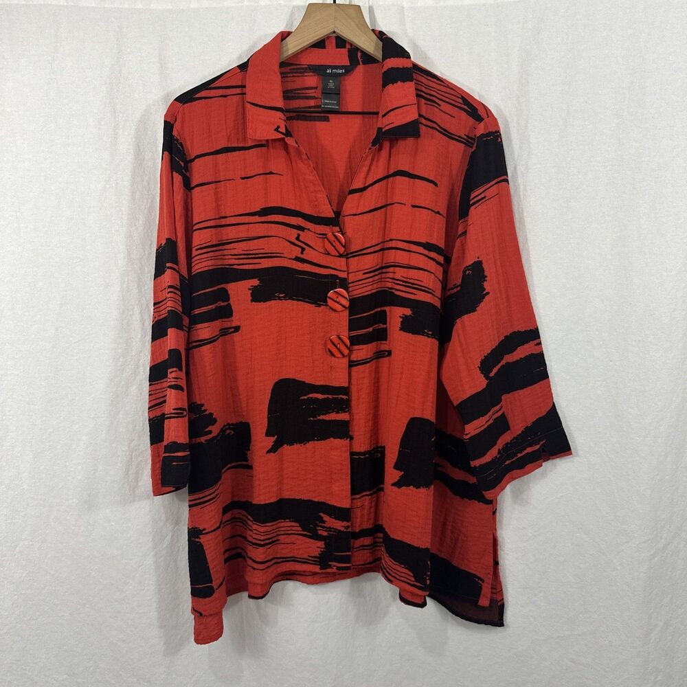 Ali Miles Red Black Geo Print Artsy Lagenlook Button Front Top Womens Sz XL